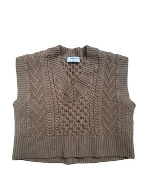 Babaton Taupe Cable-Knit V-Neck Sweater Crop Vest